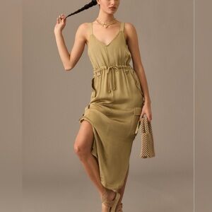 Love The Label- Olive Green Silk Cargo Pocket Canvas Strap Midi Dress
